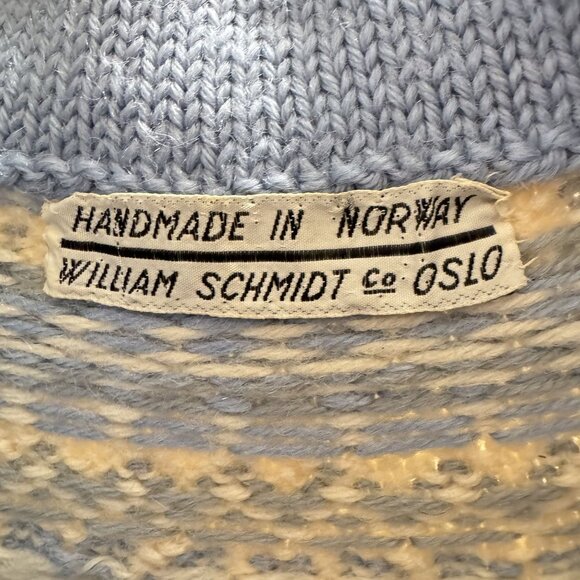 Vintage Norwegian Hand Knit Wool Cardigan Blue Fair Isle William Schmidt Oslo S - Picture 6 of 8